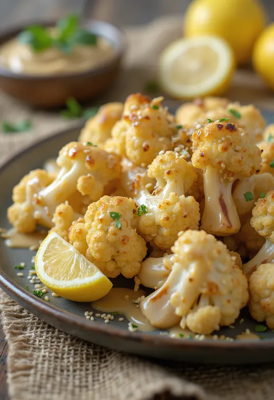 Roasted cauliflower salad with tahini dressing, served with fresh parsley and toasted sesame seeds.