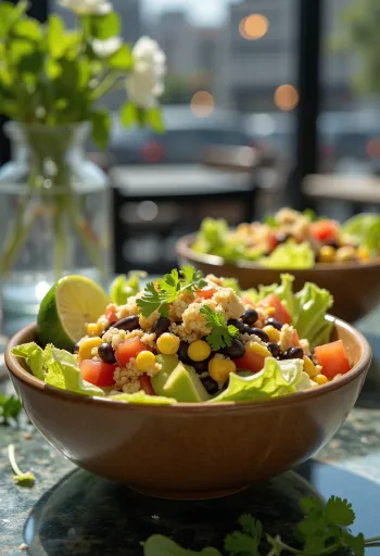 Vegan taco salad with tortilla chips and vegetables