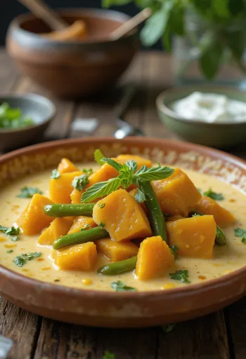 Avial with sweet potato and coconut milk, fresh coriander