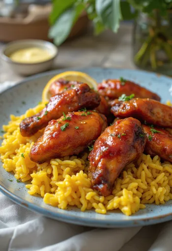 BBQ chicken wings served with spiced rice