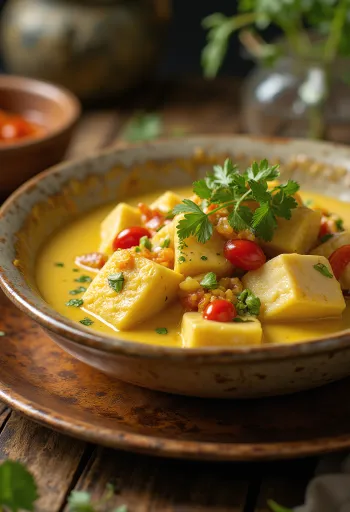 Crocodile curry served in a bowl with jasmine rice on the side
