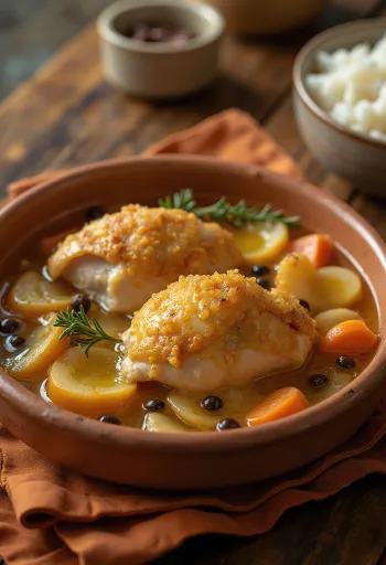 Chicken Escabeche, chicken thighs with sour sauce and fresh vegetables