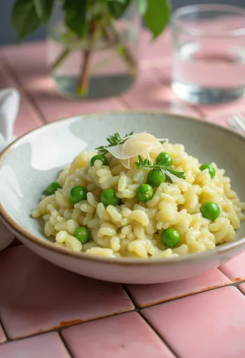 Creamy risotto with peas and Parmesan cheese, served in a white plate