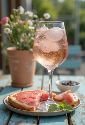 Rosé spritzer served with a lemon slice and ice