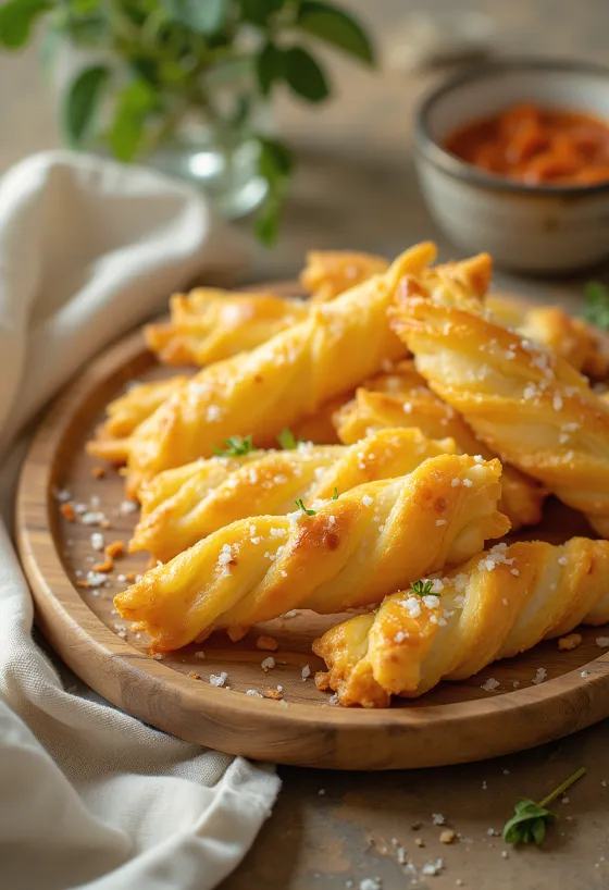 Crispy cheese straws freshly baked with a golden brown cheese layer