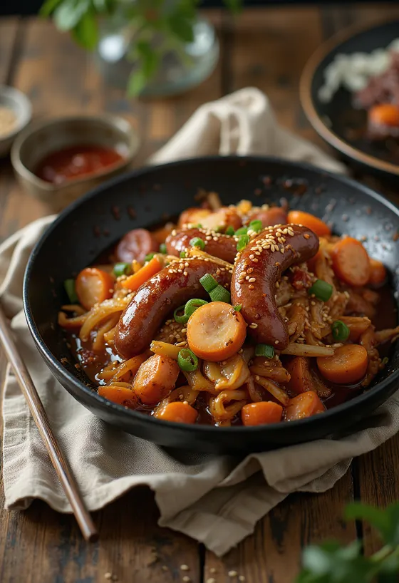 Sundae bokkeum served with Korean blood sausage and spicy vegetables