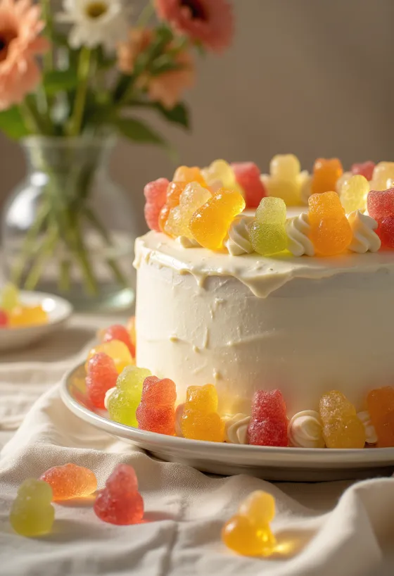 Colourful jelly sweet cake with white fondant and gummy bears