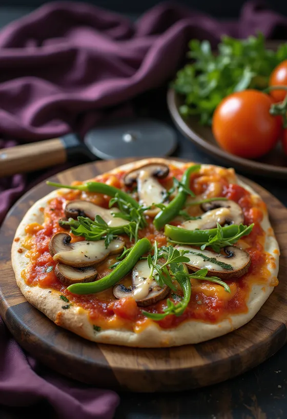 Vegan tortilla pizza with fresh vegetables and rocket