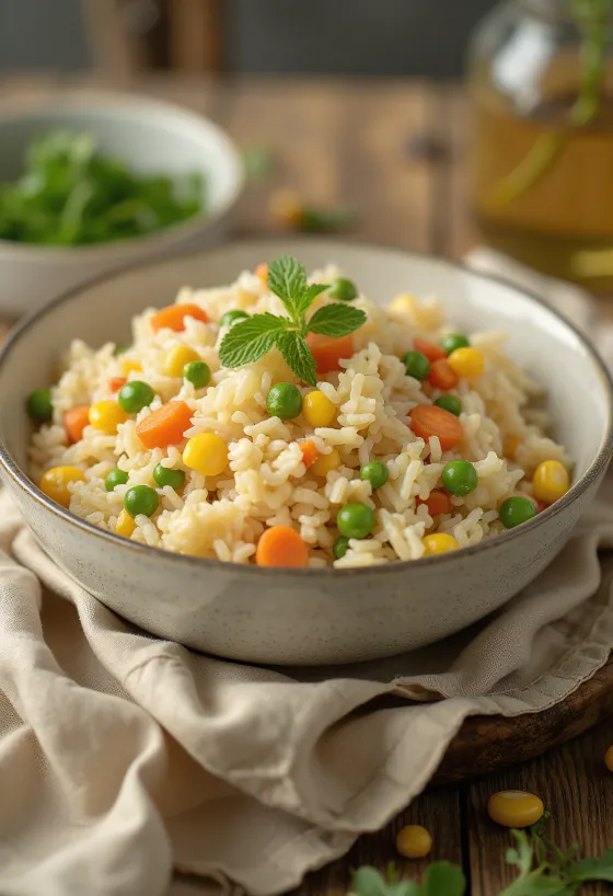 Vegetable rice, sprinkled with colourful vegetables and fresh herbs
