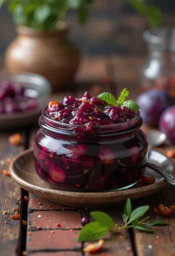 Spicy plum chutney in a jar and served.