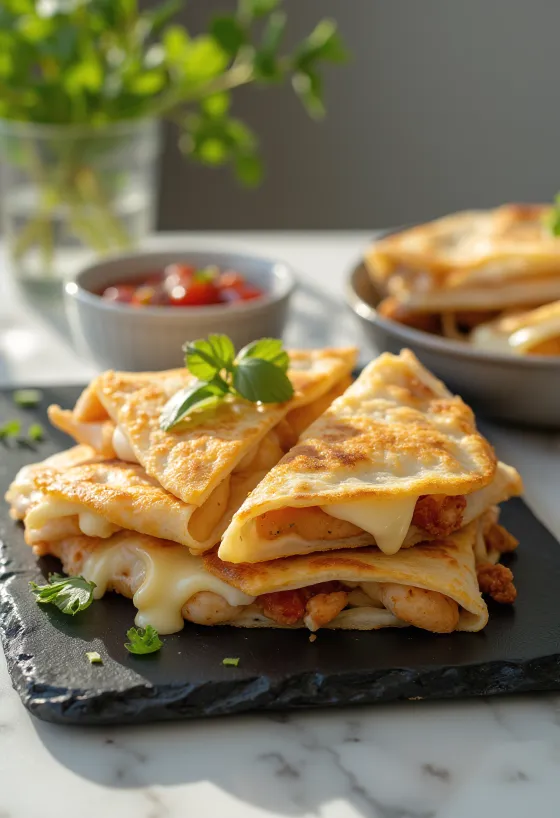 Chicken quesadilla baked golden brown, served with melted cheese and fresh herbs