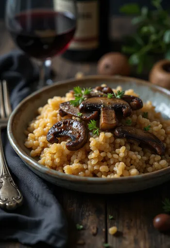 Farro with fried mushrooms and soy sauce