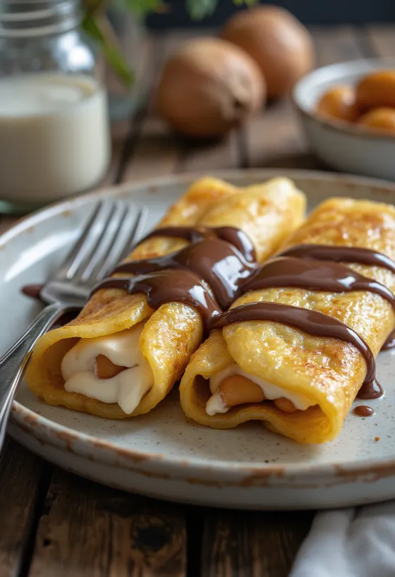 Chestnut crêpes served with chocolate sauce