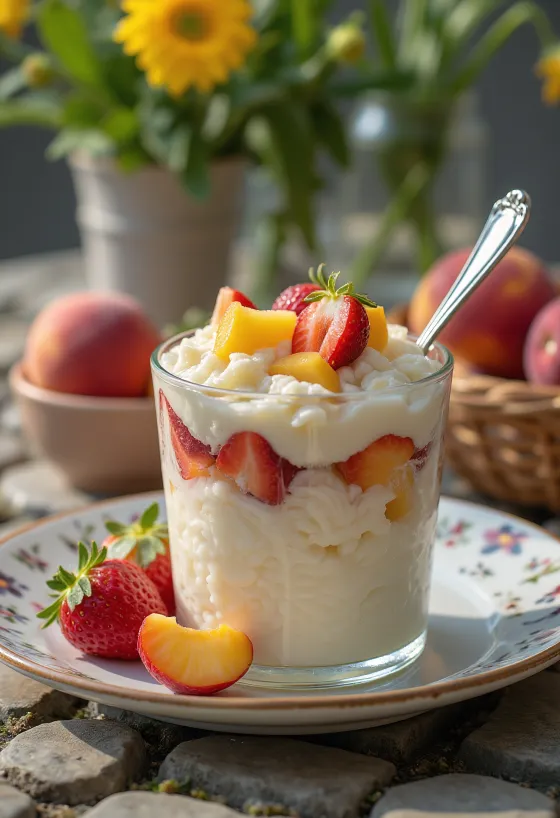 Fruit rice pudding decorated with fresh fruit pieces and whipped cream