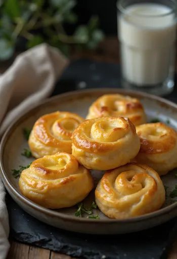 Golden brown baked cheese swirls with crispy dough and melted cheese, served on a tray.