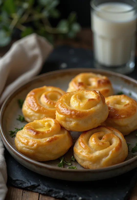 Golden brown baked cheese swirls with crispy dough and melted cheese, served on a tray.