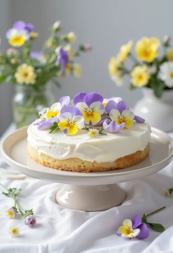 Spring floral cake decorated with edible flowers