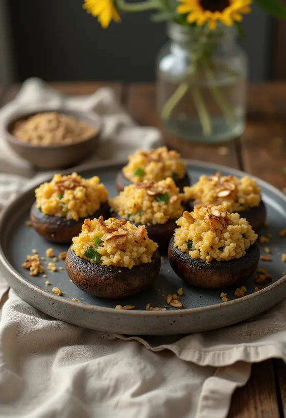 Vegan stuffed mushrooms served with quinoa