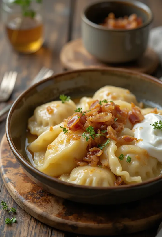 Classic Pierogi, filled with curd cheese and fried onion, served