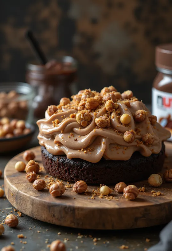 Nutella mascarpone cake decorated with whipped cream and chocolate shavings