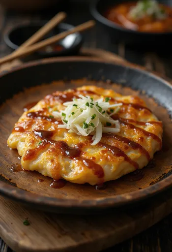 Cabbage Okonomiyaki served, with okonomiyaki sauce and bonito flakes