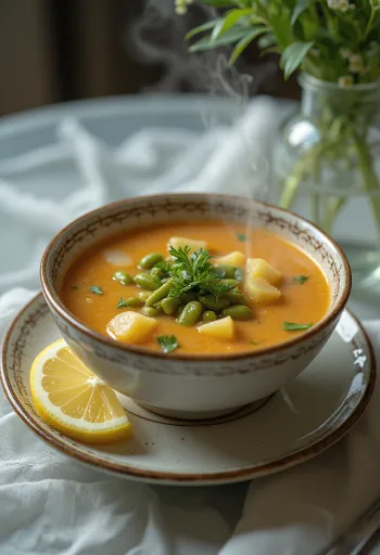 Traditional Palóc soup, richly prepared with green beans, potatoes, and lamb.
