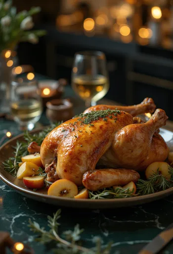 Roast goose with sage stuffing and roasted vegetables