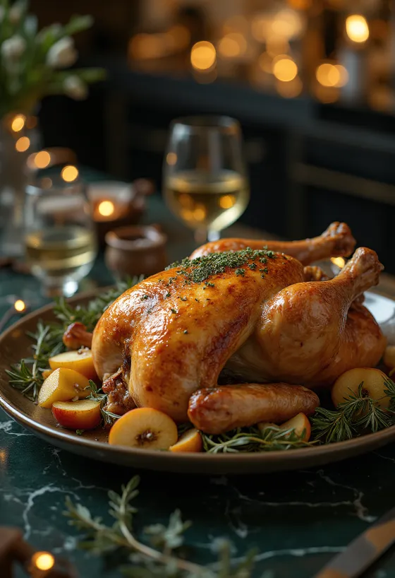 Roast goose with sage stuffing and roasted vegetables