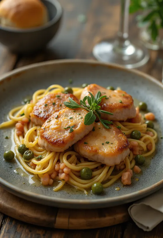 Saltimbocca veal with capers, Parma ham and sage, served with white wine sauce