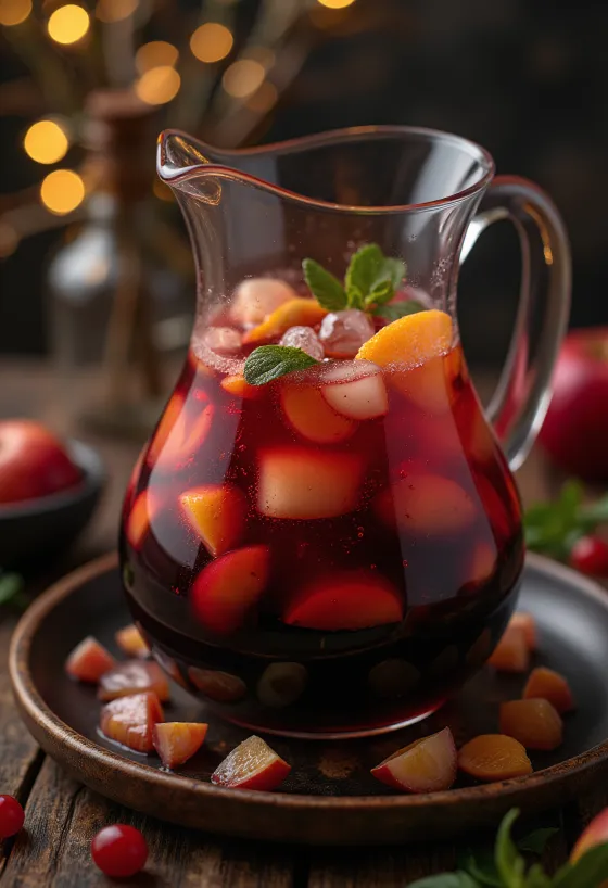 Sangria served with fresh fruits and ice cubes