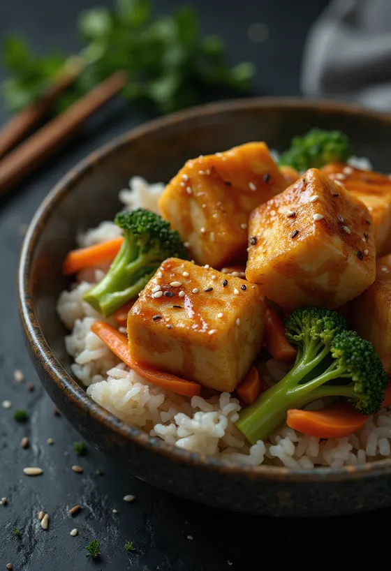 Fried tofu served with rice and vegetables