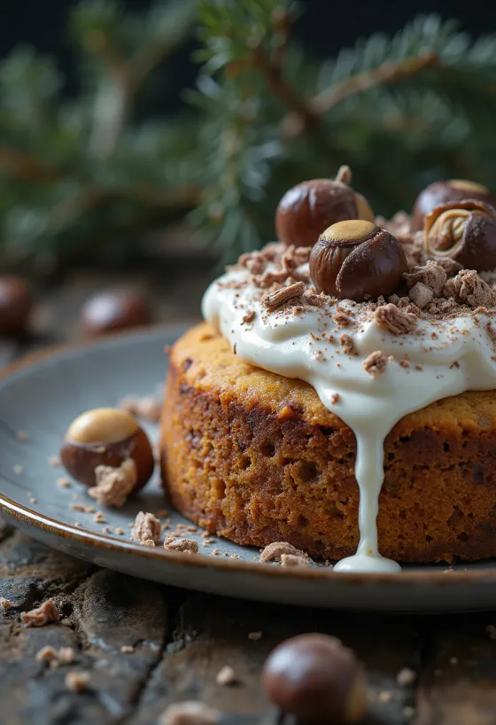 Winter chestnut cake decorated with dark chocolate and walnuts
