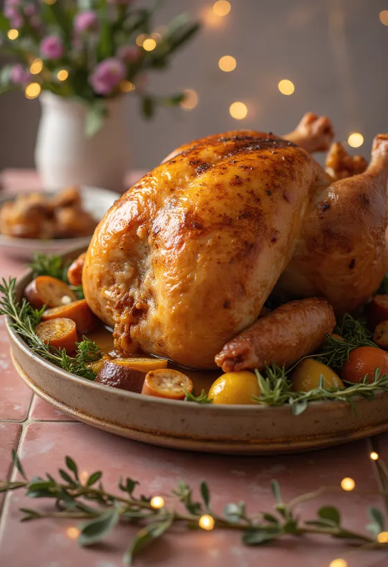 Oven roasted stuffed turkey with crispy skin and rich stuffing.