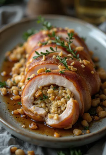 Juicy oven-baked stuffed pork loin filled with fresh herbs and melting cheese.