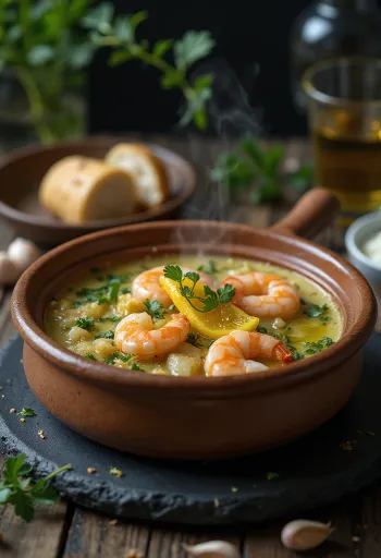Prawn Açorda, fresh bread pieces with prawns, garlic and parsley