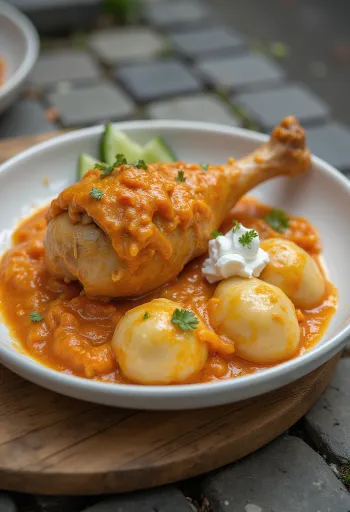 Chicken paprikash with juicy chicken pieces, served in paprika-sour cream sauce.