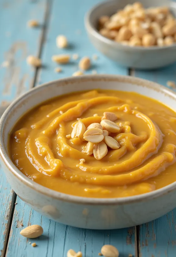 Curried peanut sauce served in a bowl with fresh coriander.