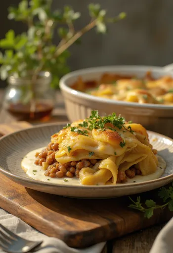 Spicy lentil and Savoy cabbage bake served