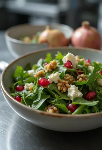 Pomegranate rocket salad with feta cheese and walnuts
