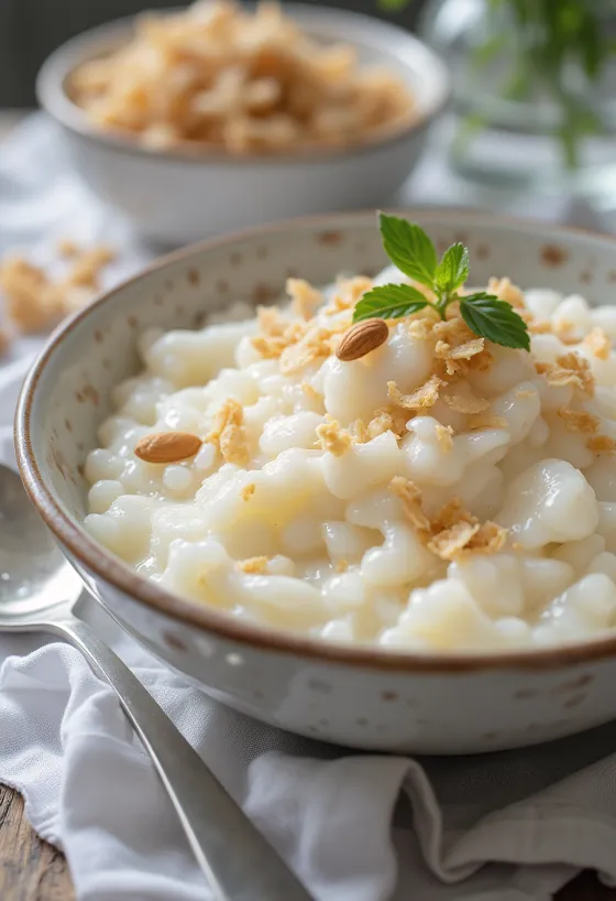 Coconut kheer dessert garnished with desiccated coconut and almonds