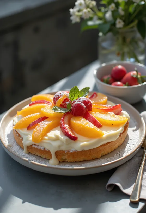 Sponge fruit flan with fresh fruit and jelly