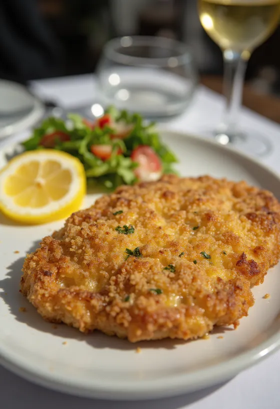Golden fried breaded pork schnitzel in crispy crumbs, served with fresh vegetables.