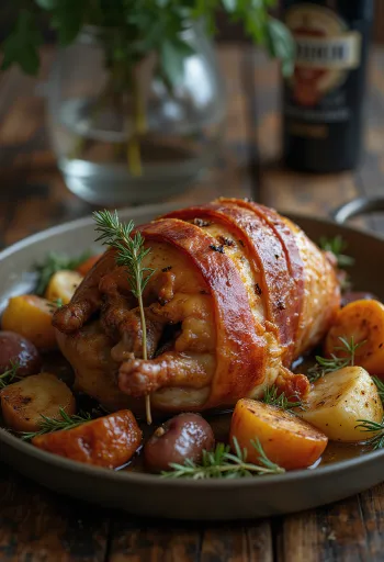 Roast pheasant wrapped in pancetta with roasted vegetables