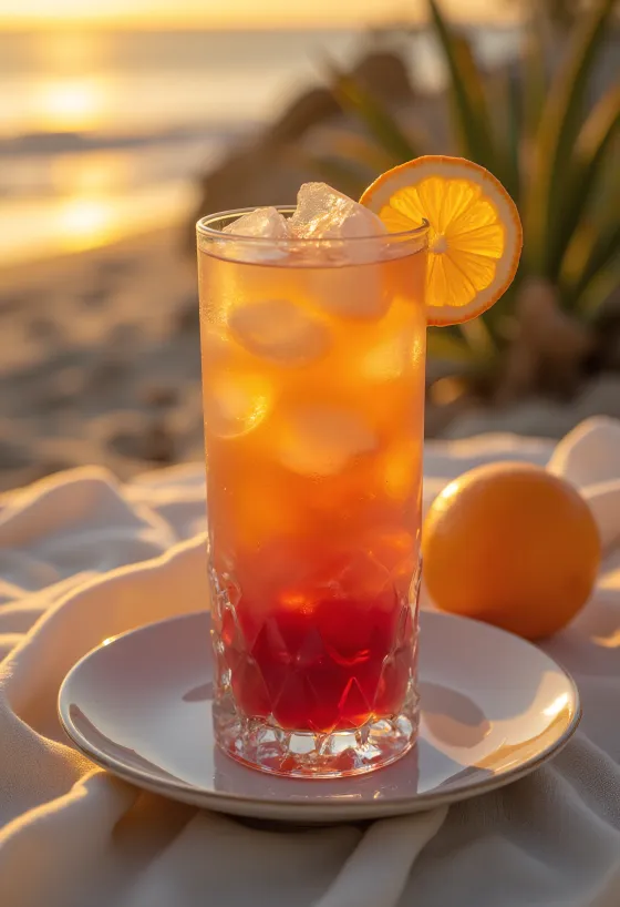 Sex on the Beach cocktail garnished with an orange slice and cocktail cherry