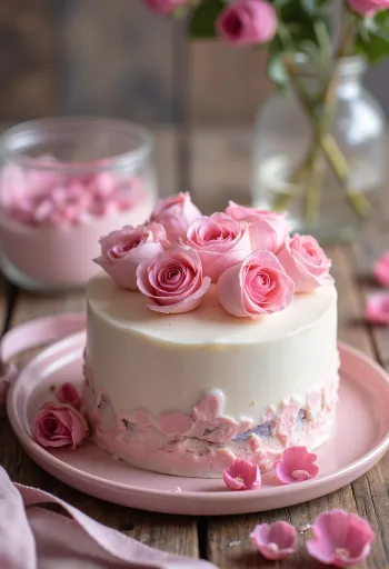 Valentine's rose cake with white fondant and rose petals
