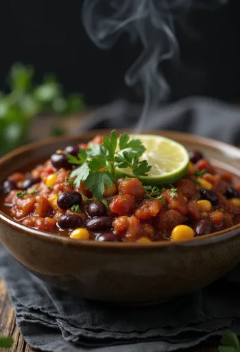 Vegan chilli bean stew in a rich spicy sauce garnished with fresh coriander.