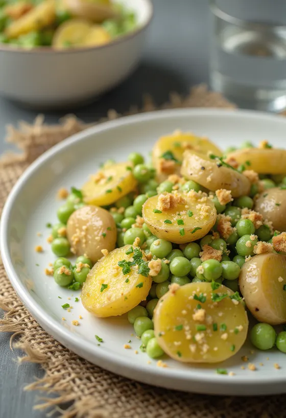Potato bake with creamy green pea sauce served