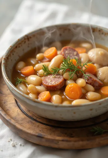 Traditional bean soup with pinched noodles, served with smoked meat stock