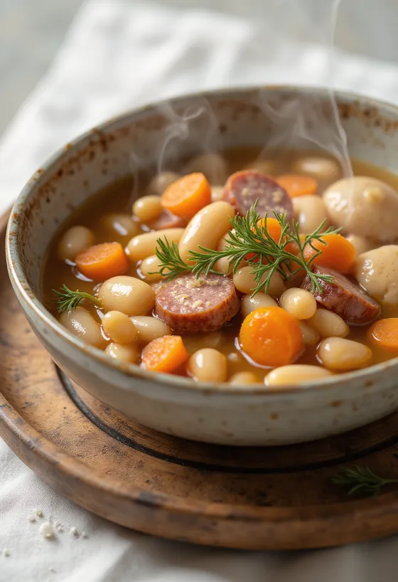 Traditional bean soup with pinched noodles, served with smoked meat stock