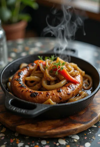 Boerewors with onion, pepper and spices in a frying pan